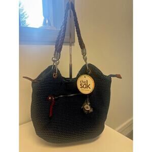 Vintage THE SAK Indio Hob Bag Crochet Knit Blue Bucket Brown Strap
